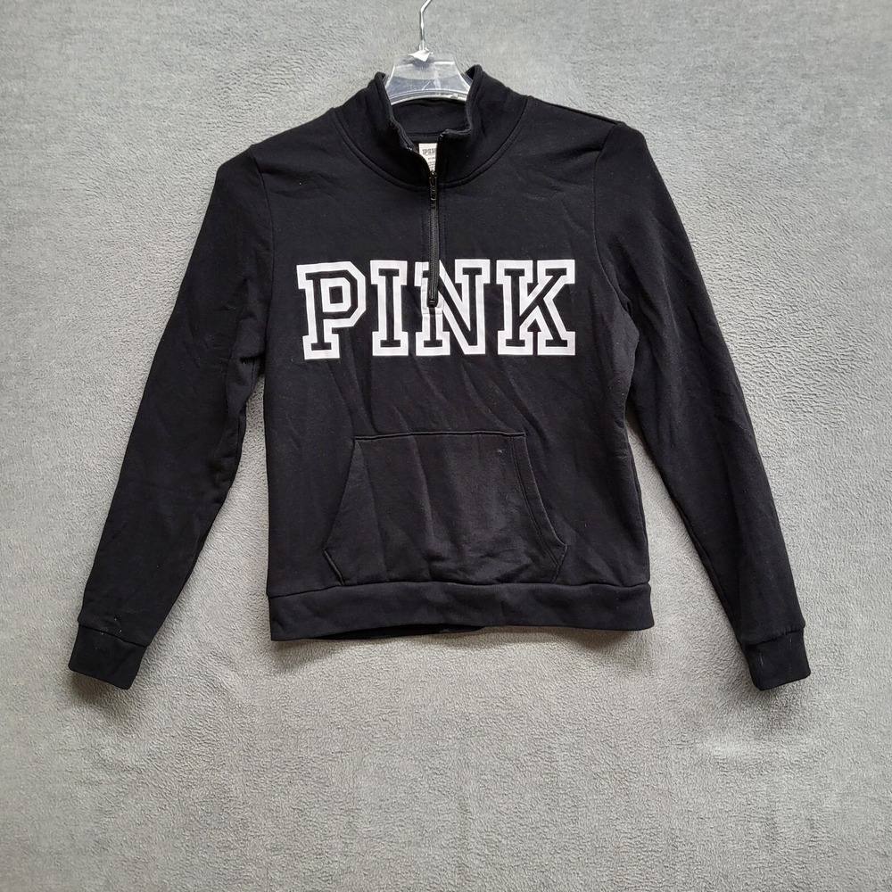 Pink Victorias Secret Women Sweatshirt Medium Black 1/4 Zip Logo Pullover Fleece